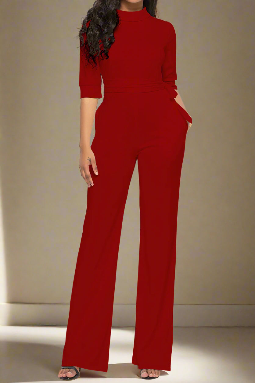Mock Neck Tie-Waist Half Sleeve Jumpsuit