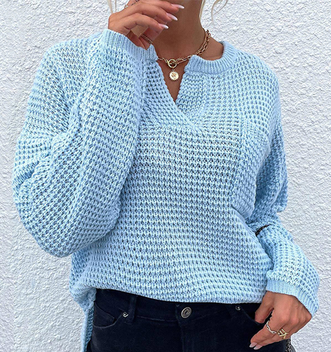 Notched Long Sleeve Sweater