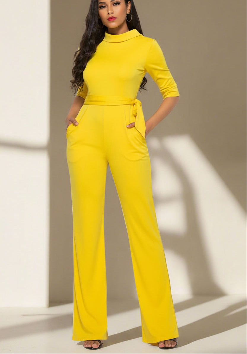 Mock Neck Tie-Waist Half Sleeve Jumpsuit
