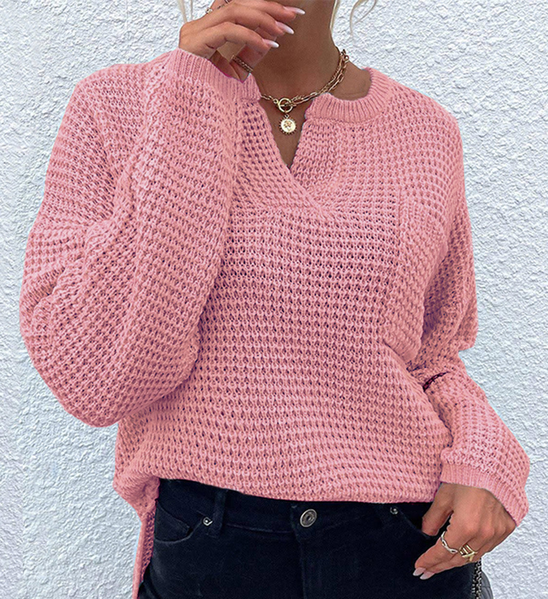 Notched Long Sleeve Sweater