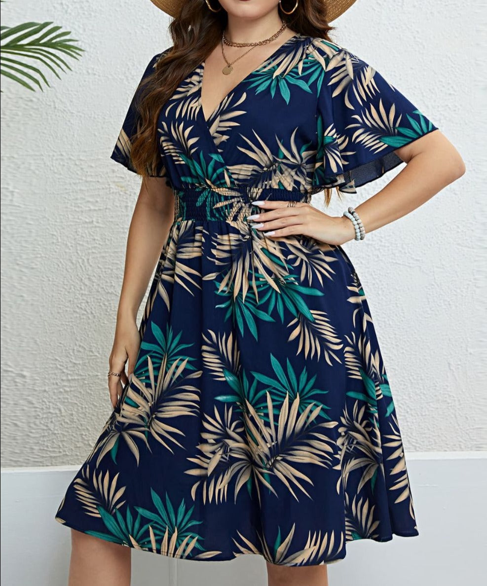 Botanical Print Flutter Sleeve Smocked Waist Dress